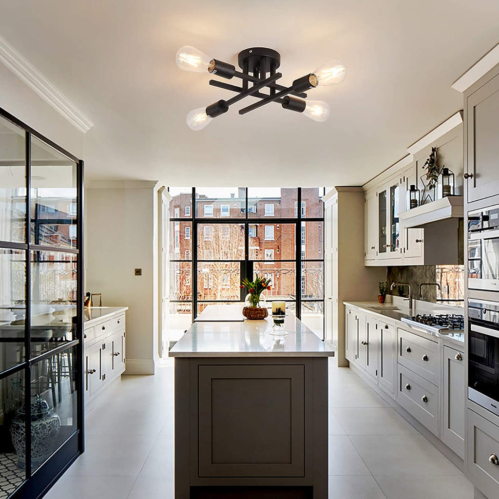 Semi Flush Mount 4 Light Ceiling Light Matte Black with E26 Base Modern Chandelier for Farmhouse Kitchen Dining Room Bedroom Study Living Room