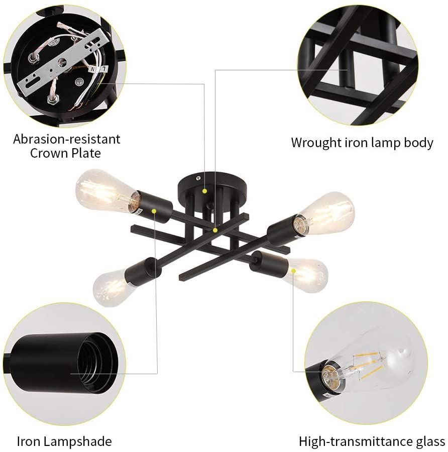 Semi Flush Mount 4 Light Ceiling Light Matte Black with E26 Base Modern Chandelier for Farmhouse Kitchen Dining Room Bedroom Study Living Room