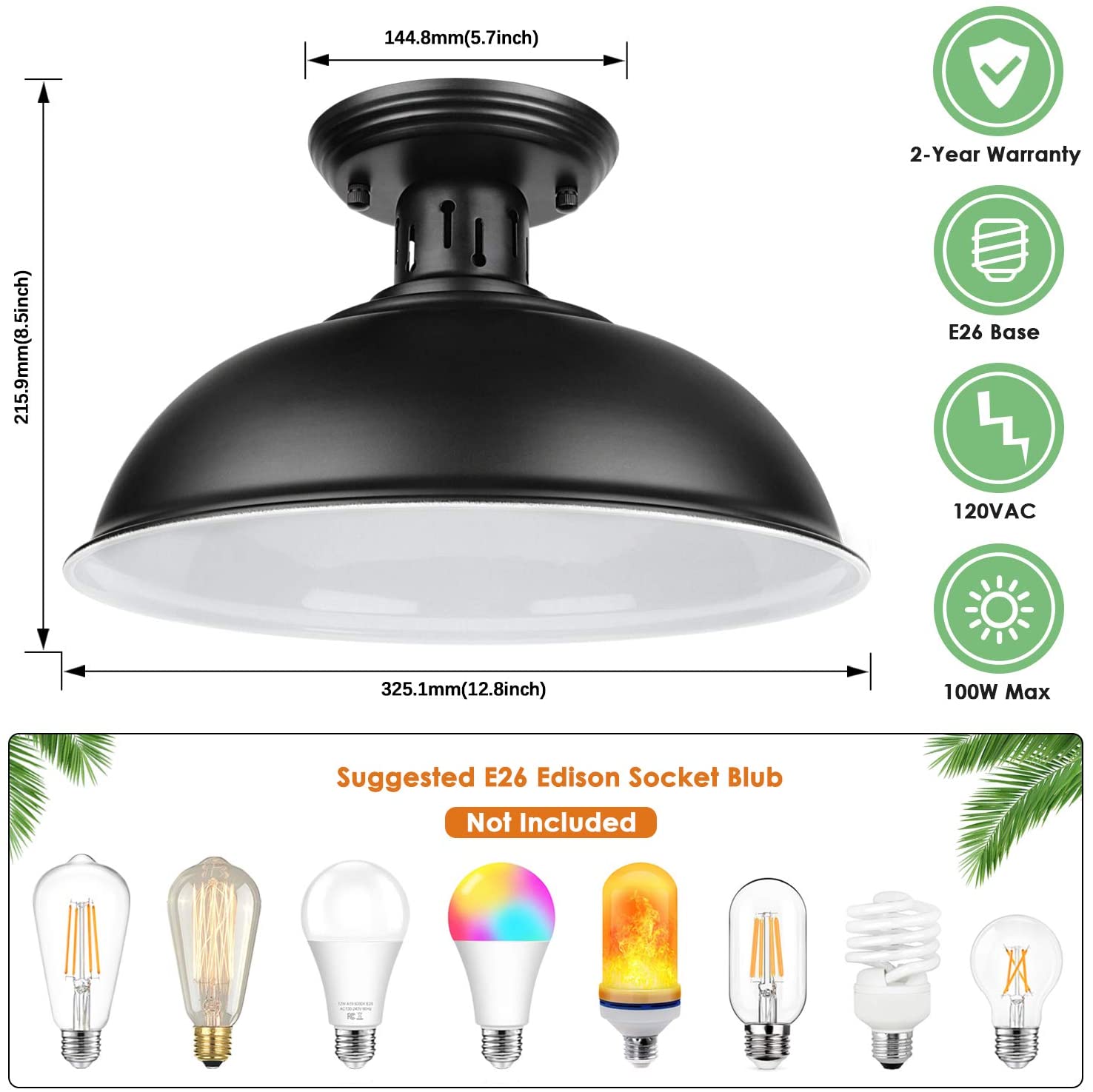 Farmhouse Semi Flush Mount Ceiling Light Fixture, E26 Base, Industrial Black Pendant Lamp Shade, Vintage Close to Ceiling Lighting for Kitchen Island Laundry Corridor Porch Foyer Hallway Entryway