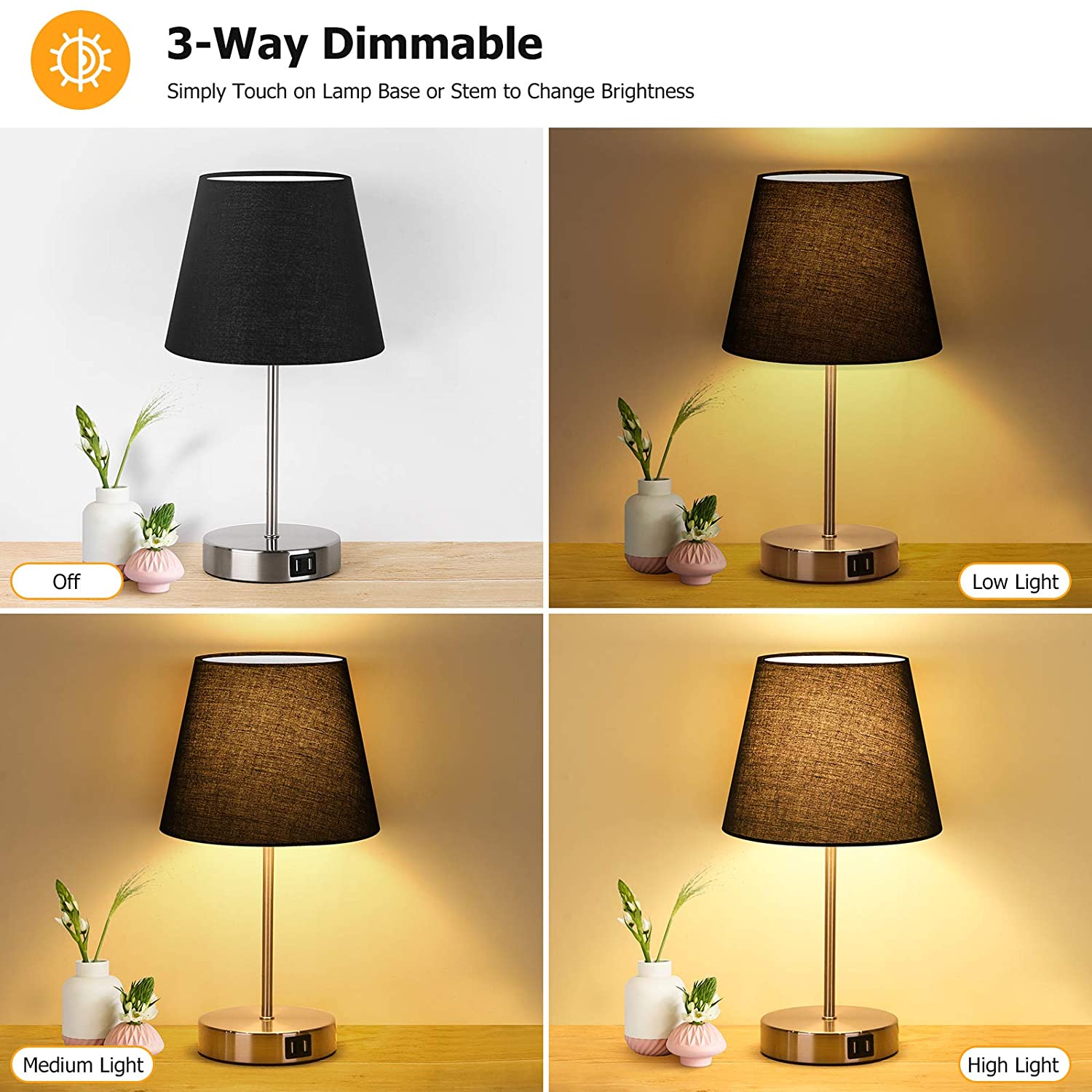 Touch Control Table Lamp with 2 USB Ports and AC Outlet, 3 Way Dimmable Modern Bedside Nightstand Lamp with Black Fabric Shade & Satin Nickle Base for Bedroom Living Room Office, LED Bulb Included