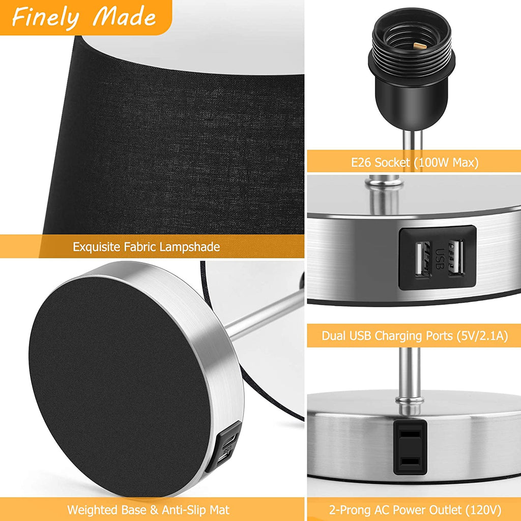 Touch Control Table Lamp with 2 USB Ports and AC Outlet, 3 Way Dimmable Modern Bedside Nightstand Lamp with Black Fabric Shade & Satin Nickle Base for Bedroom Living Room Office, LED Bulb Included