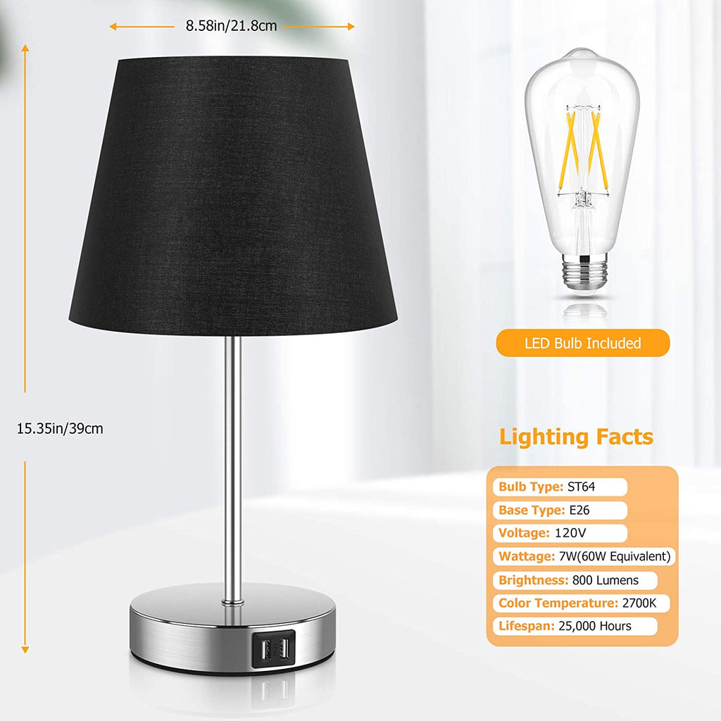 Touch Control Table Lamp with 2 USB Ports and AC Outlet, 3 Way Dimmable Modern Bedside Nightstand Lamp with Black Fabric Shade & Satin Nickle Base for Bedroom Living Room Office, LED Bulb Included