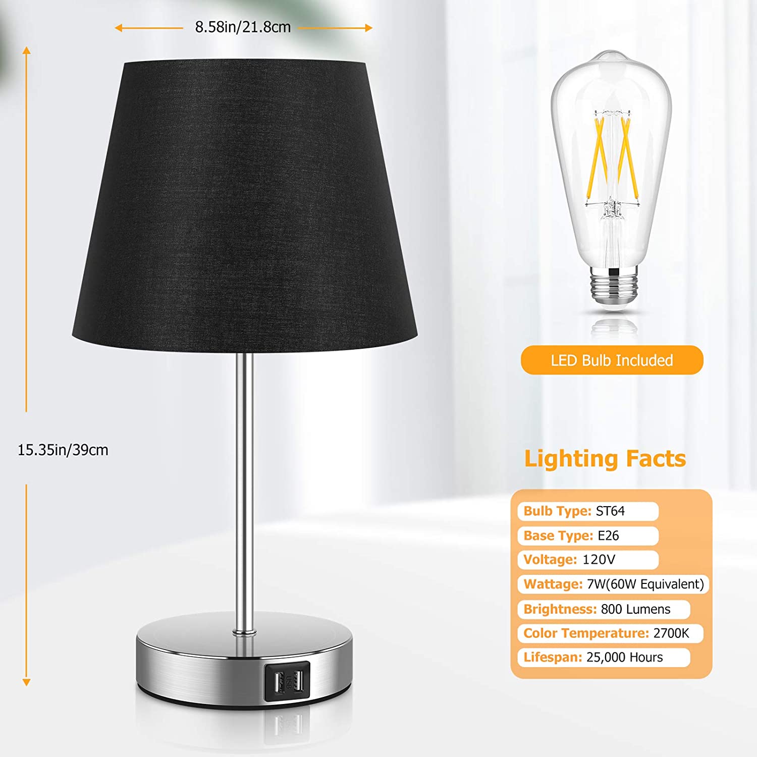 Touch Control Table Lamp with 2 USB Ports and AC Outlet, 3 Way Dimmable Modern Bedside Nightstand Lamp with Black Fabric Shade & Satin Nickle Base for Bedroom Living Room Office, LED Bulb Included