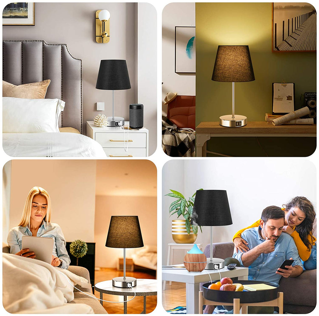 Touch Control Table Lamp with 2 USB Ports and AC Outlet, 3 Way Dimmable Modern Bedside Nightstand Lamp with Black Fabric Shade & Satin Nickle Base for Bedroom Living Room Office, LED Bulb Included