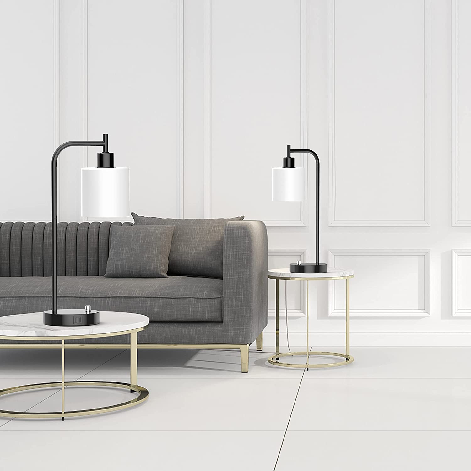 Table Lamp, Industrial Table Lamp with White Jade Glass Shade, LED Bulb Included, with Dimmable Function, Type C USB Port ,Nightstand Reading Lamps for Bedside, Study Room, Office (Black)