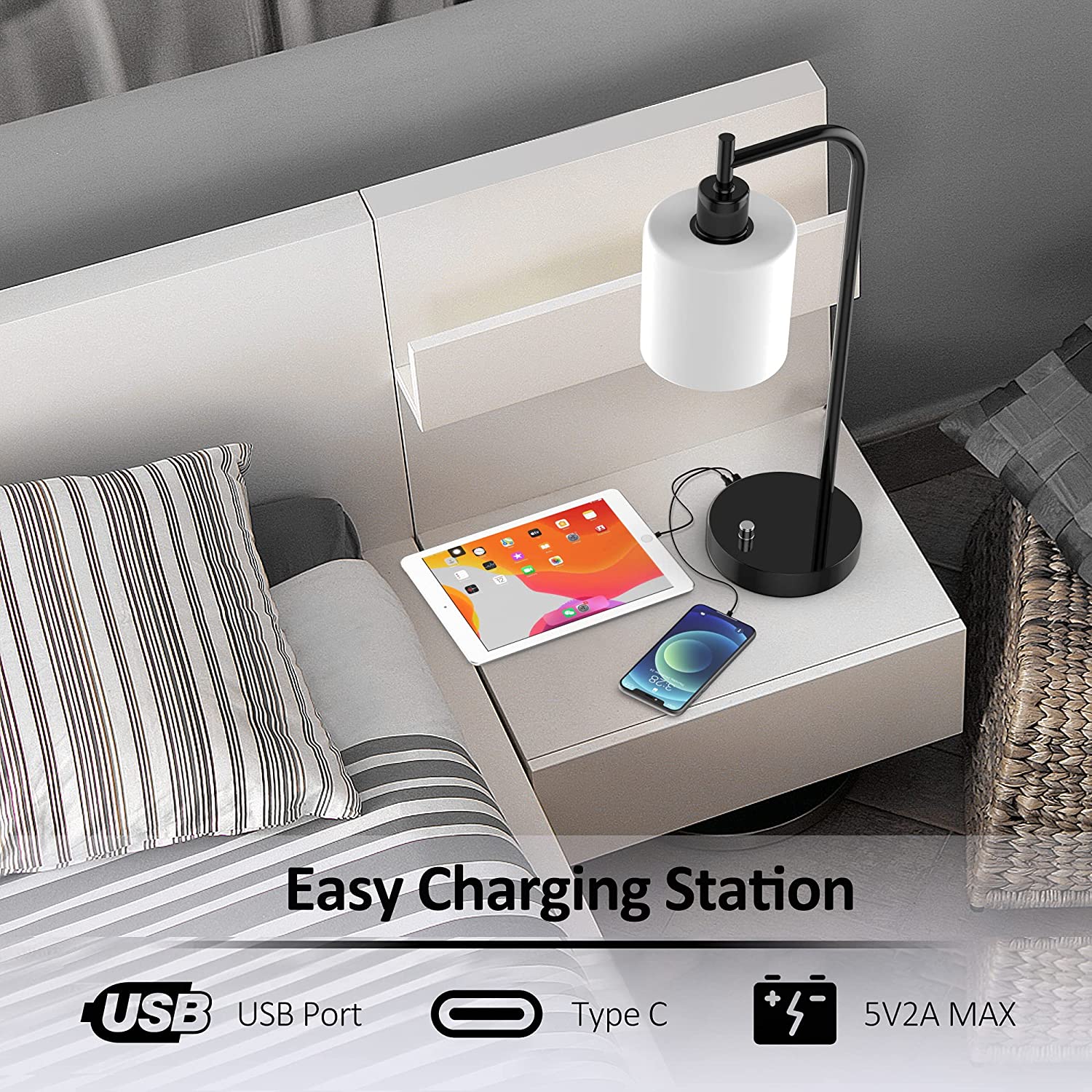 Table Lamp, Industrial Table Lamp with White Jade Glass Shade, LED Bulb Included, with Dimmable Function, Type C USB Port ,Nightstand Reading Lamps for Bedside, Study Room, Office (Black)