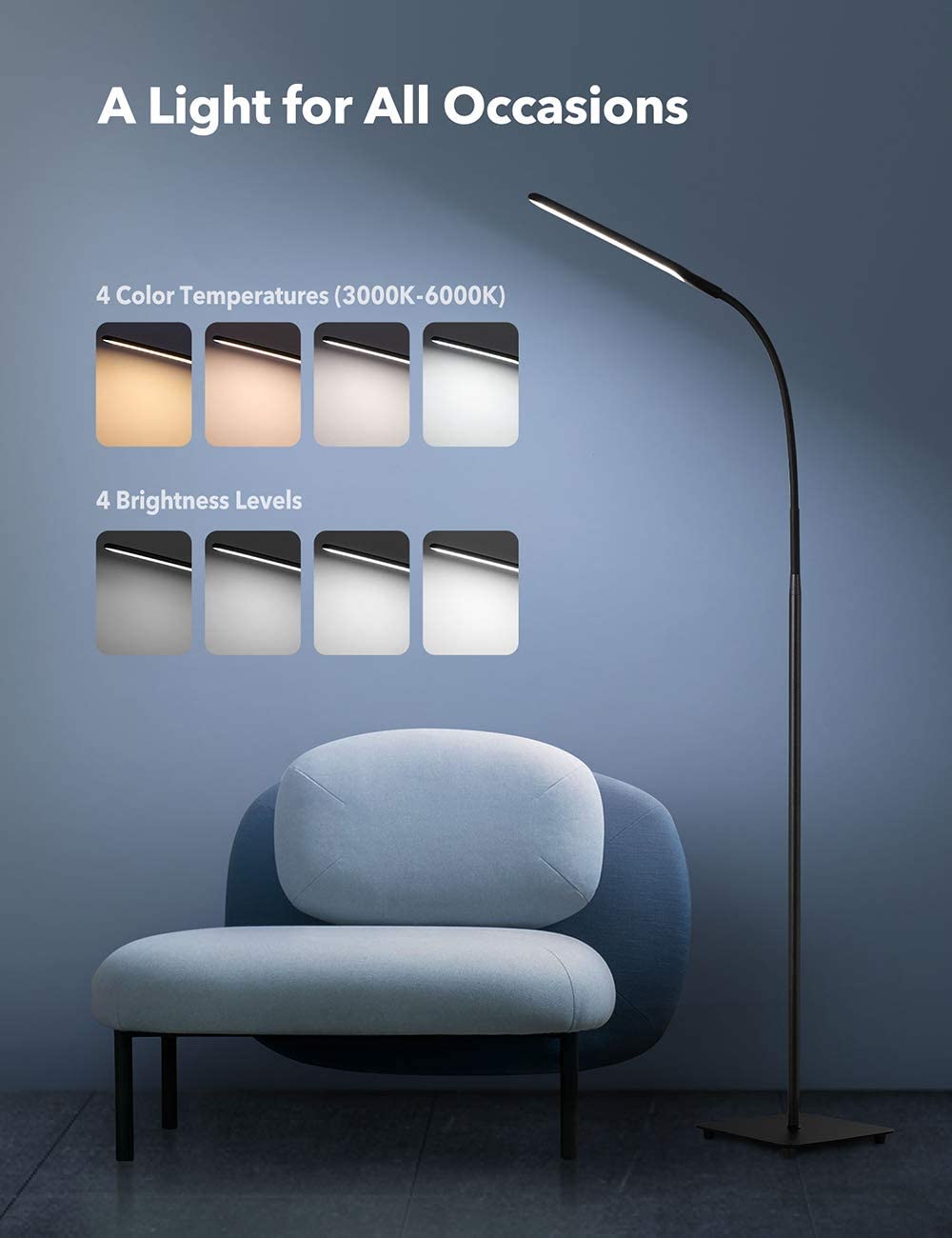 LED Floor Lamp, 4 Brightness Levels & 4 Colors Dimmable Floor Lamp Modern Standing Light Adjustable Gooseneck Task Lighting for Reading Living Room Bedroom Office Piano