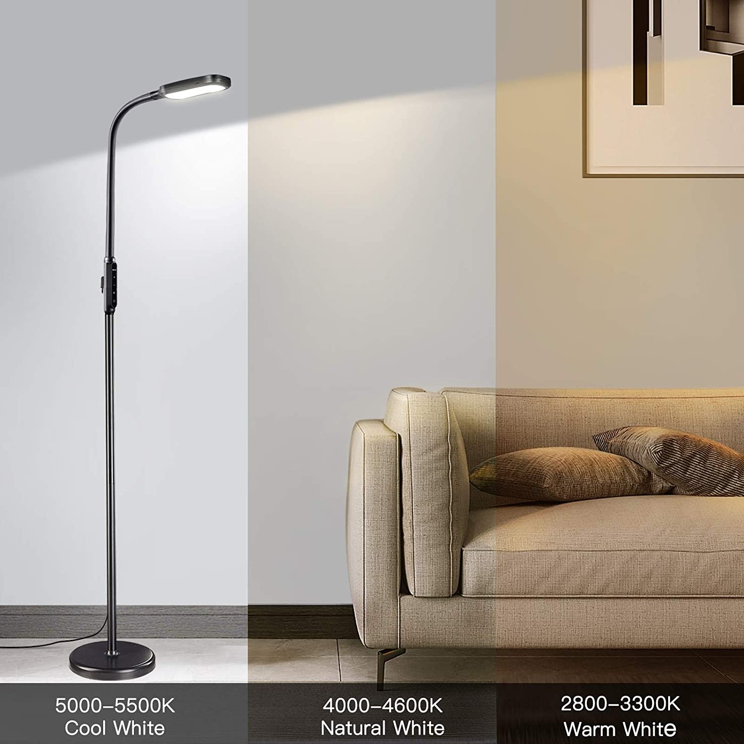 LED Floor Lamp with 5 Brightness Levels & 3 Color Temperatures, 1815 Lumens, Adjustable LED Floor Light, Dimmable Reading Standing Lamp for Sewing Living Room Bedroom Office