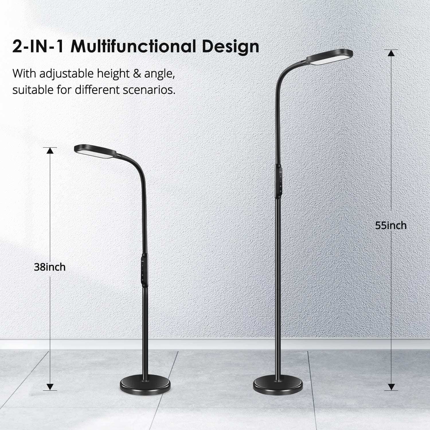LED Floor Lamp with 5 Brightness Levels & 3 Color Temperatures, 1815 Lumens, Adjustable LED Floor Light, Dimmable Reading Standing Lamp for Sewing Living Room Bedroom Office