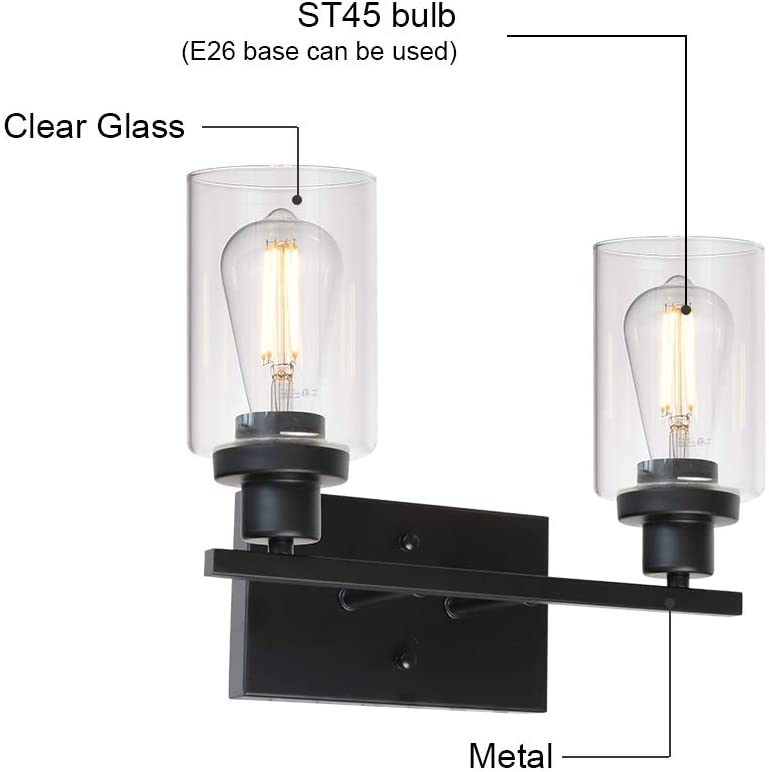 2-Light Black Wall Sconce Industrial Vintage with Clear Glass Shade and Metal Base, Bathroom Vanity Lights Hallway Light Fixture Sconces Wall Lighting