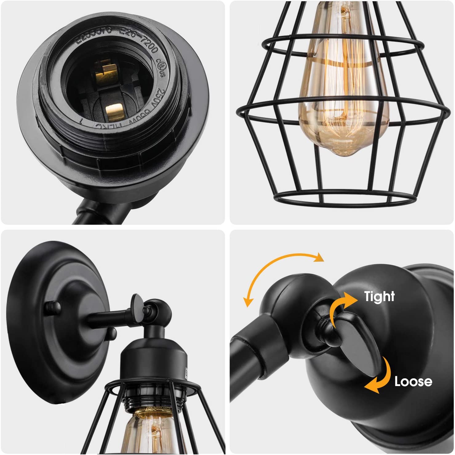 Industrial Wall Sconce, 2 Pack, Vintage Wire Cage Wall Lighting Sconce, Farmhouse Wall Lighting Fixture for Bedroom, Headboard,Garage, Porch