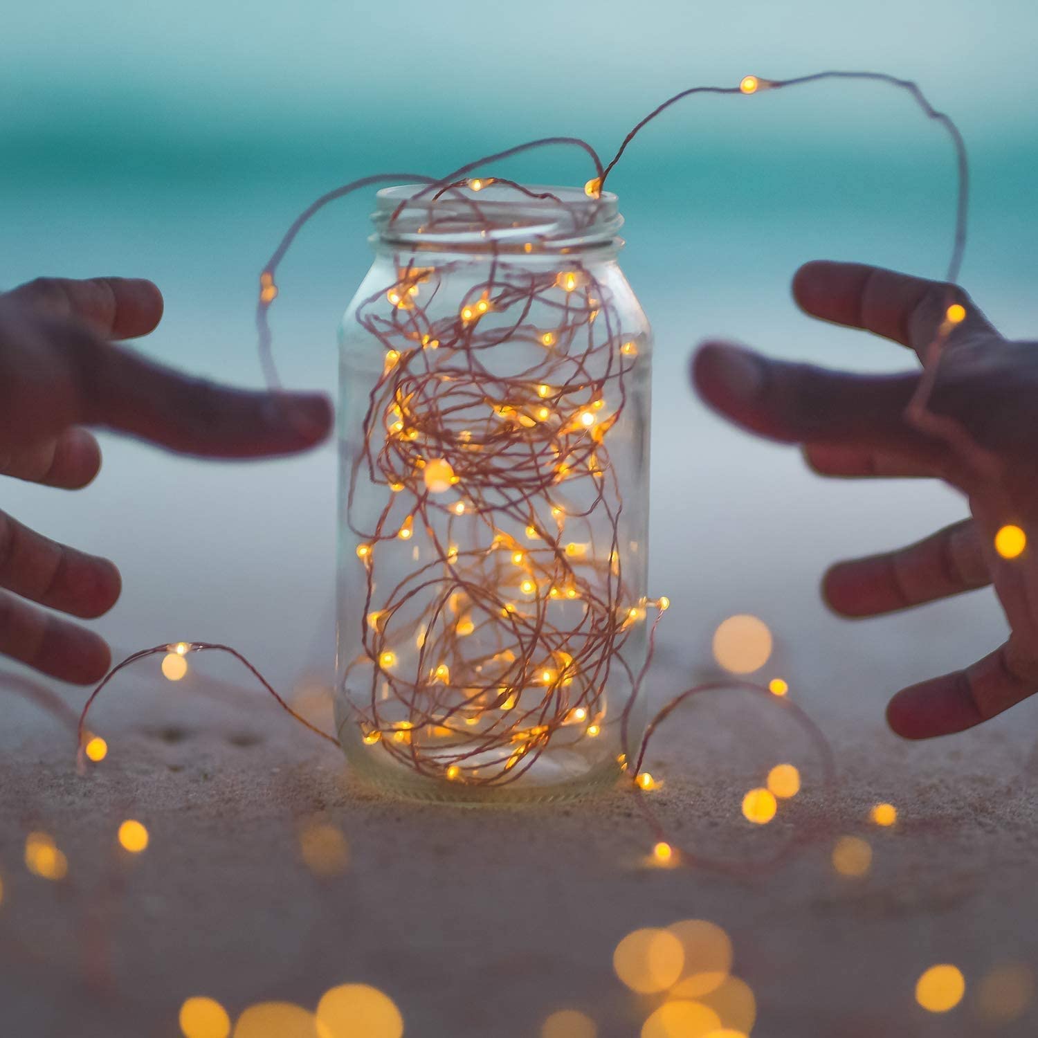 Outdoor Solar String Lights, 33Feet 100 Led Solar Powered Fairy Lights with 8 Lighting Modes Waterproof Decoration Copper Wire Lights for Patio Yard Trees Christmas Wedding Party (Warm White)