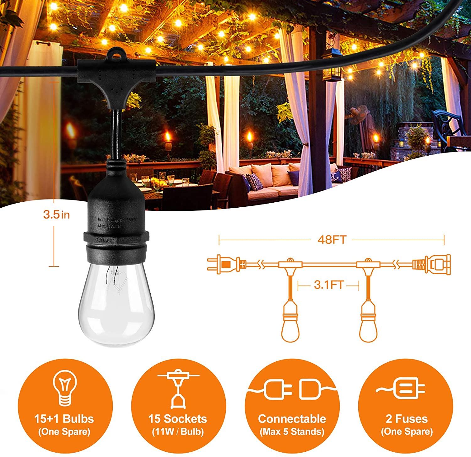 48 FT ADDLON Outdoor String Lights Commercial Grade Weatherproof Strand Edison Vintage Bulbs 15 Hanging Sockets, UL Listed Heavy-Duty Decorative Cafe Patio Lights for Bistro Garden