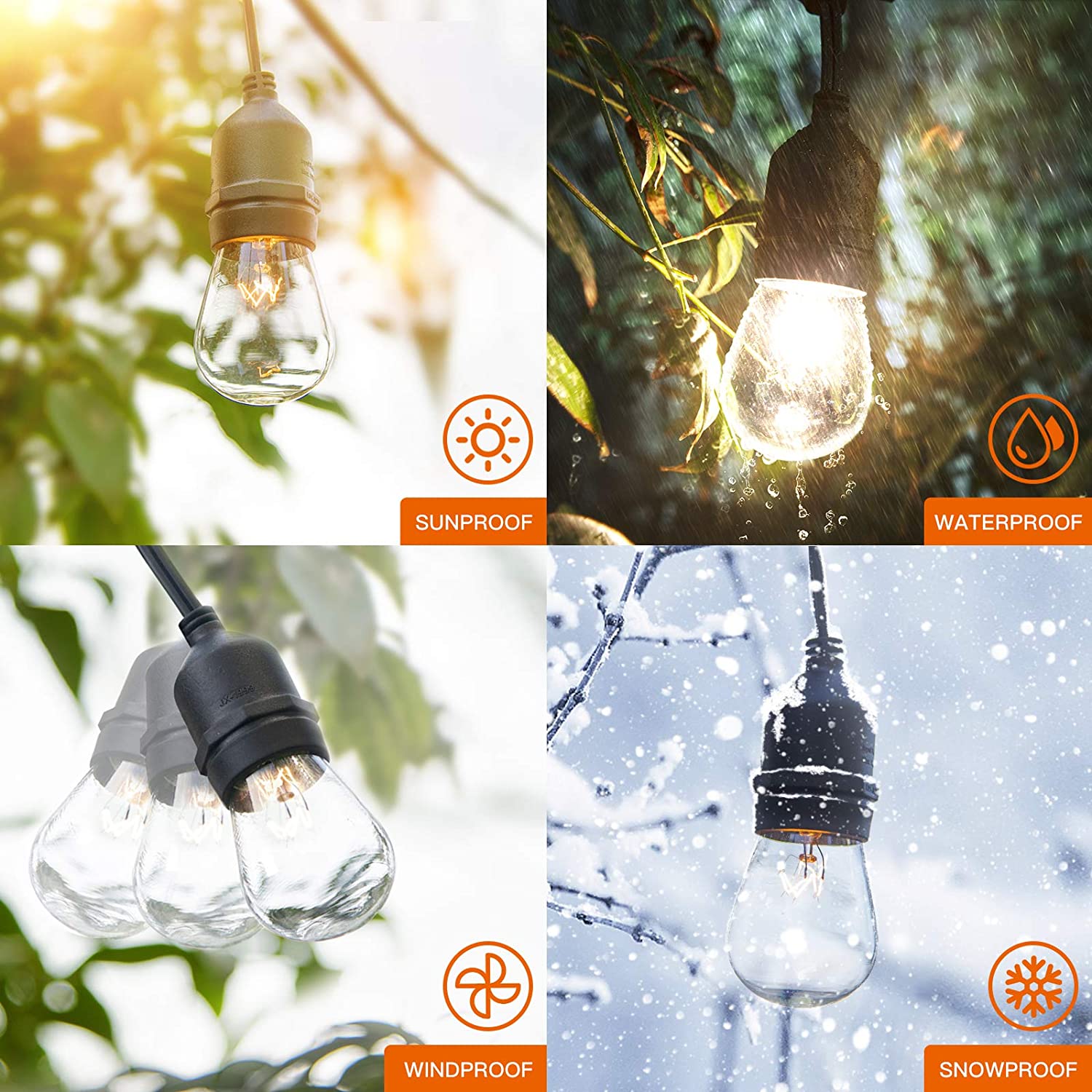 48 FT ADDLON Outdoor String Lights Commercial Grade Weatherproof Strand Edison Vintage Bulbs 15 Hanging Sockets, UL Listed Heavy-Duty Decorative Cafe Patio Lights for Bistro Garden
