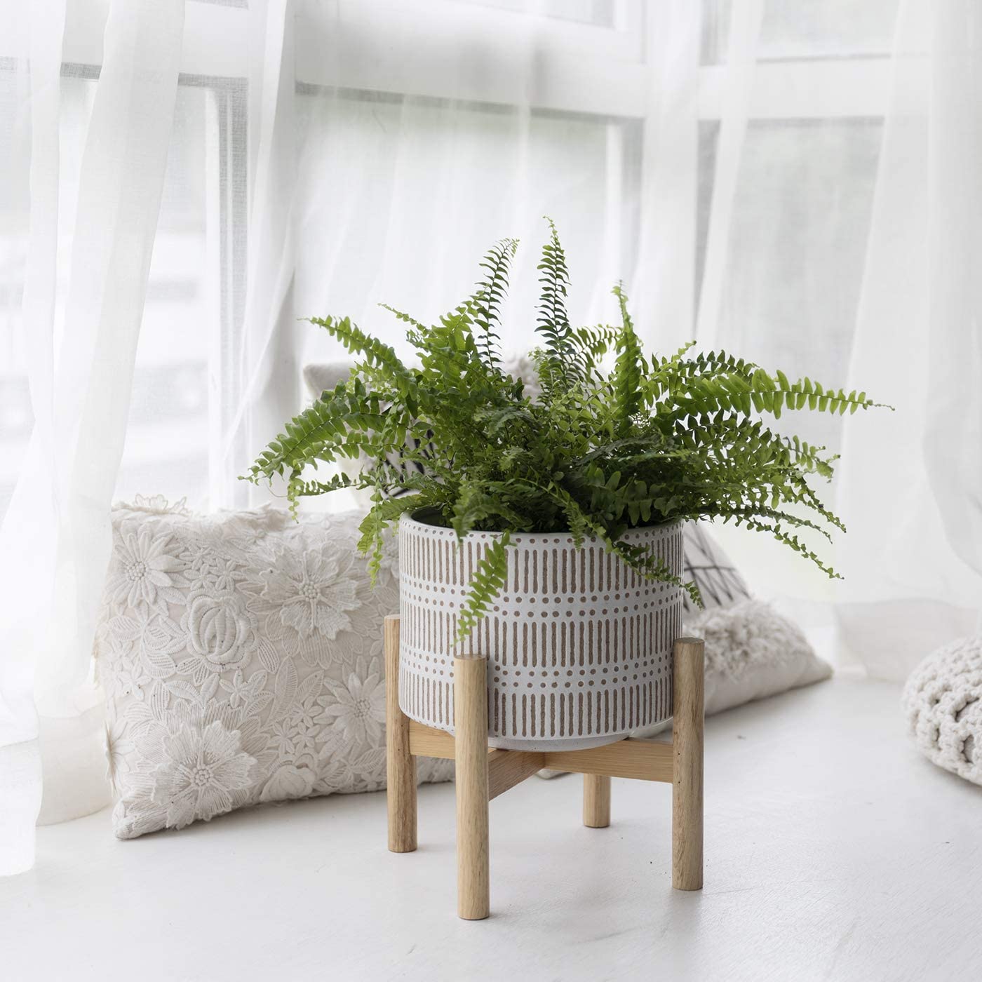 Ceramic Plant Pot with Wood Stand - 7.3 Inch Modern Round Decorative Flower Pot Indoor with Wood Planter Holder, Beige and White