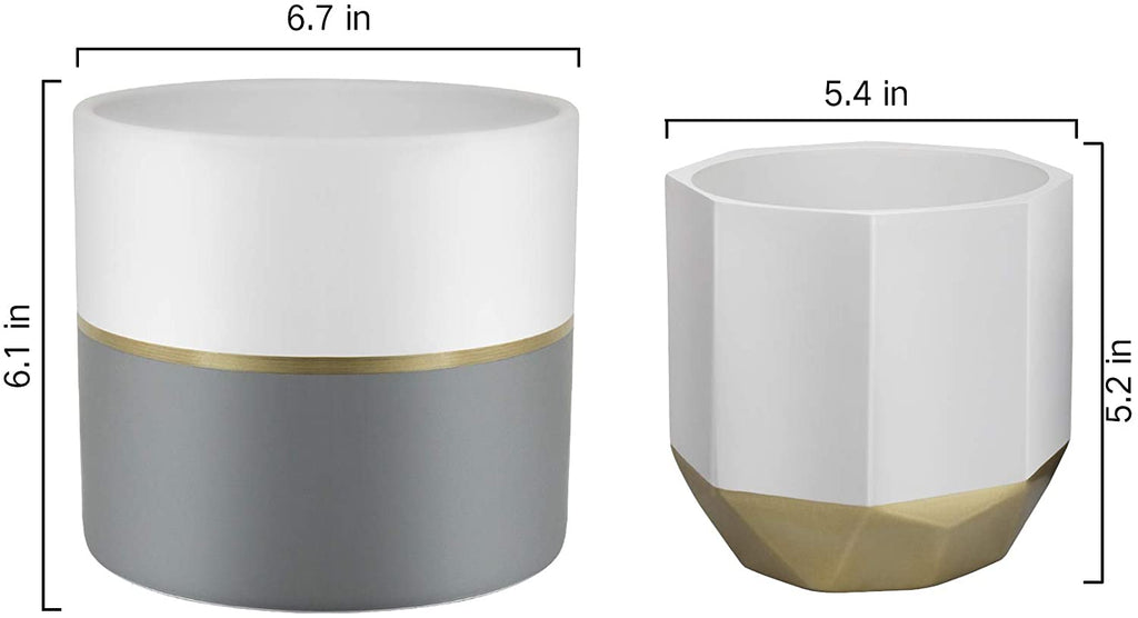 White Ceramic Flower Pot Garden Planters 6.7 + 5.4 Inch Indoor, Plant Containers with Gold and Grey Detailing