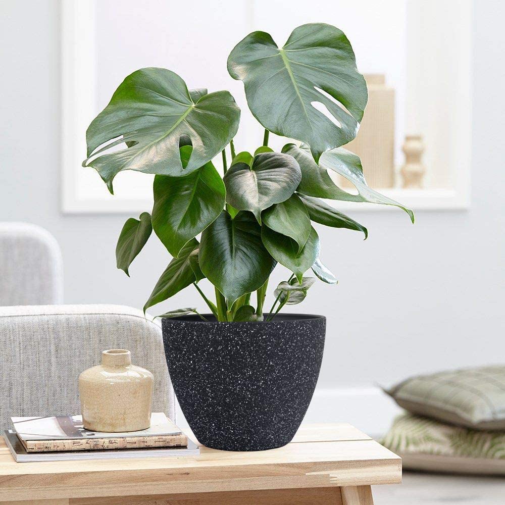 Flower Pots Indoor Outdoor Planter - 8.6 Inch Planter Pot with Drainage, Modern Plant Pot, Speckled-Black