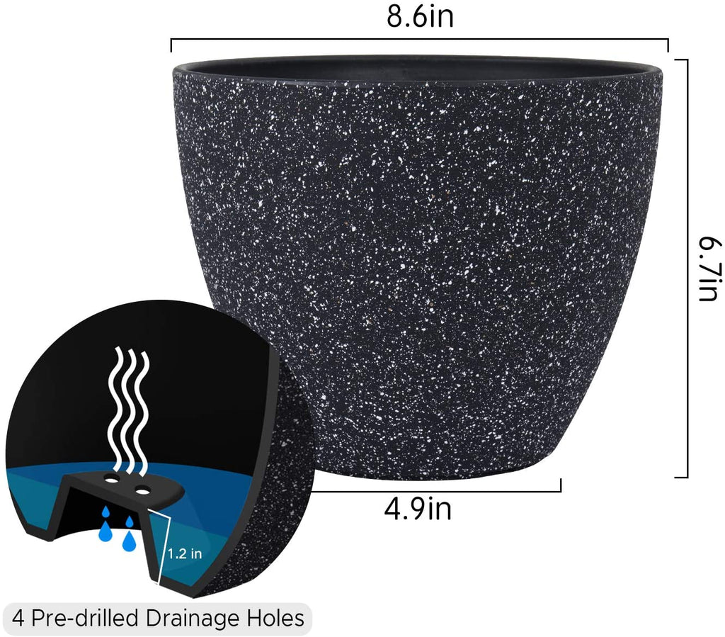 Flower Pots Indoor Outdoor Planter - 8.6 Inch Planter Pot with Drainage, Modern Plant Pot, Speckled-Black