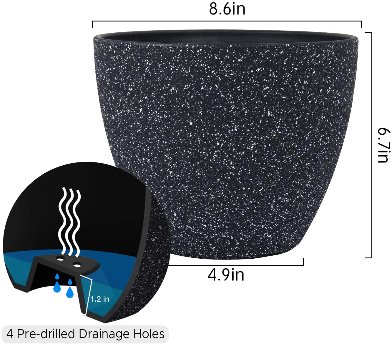 Flower Pots Indoor Outdoor Planter - 8.6 Inch Planter Pot with Drainage, Modern Plant Pot, Speckled-Black