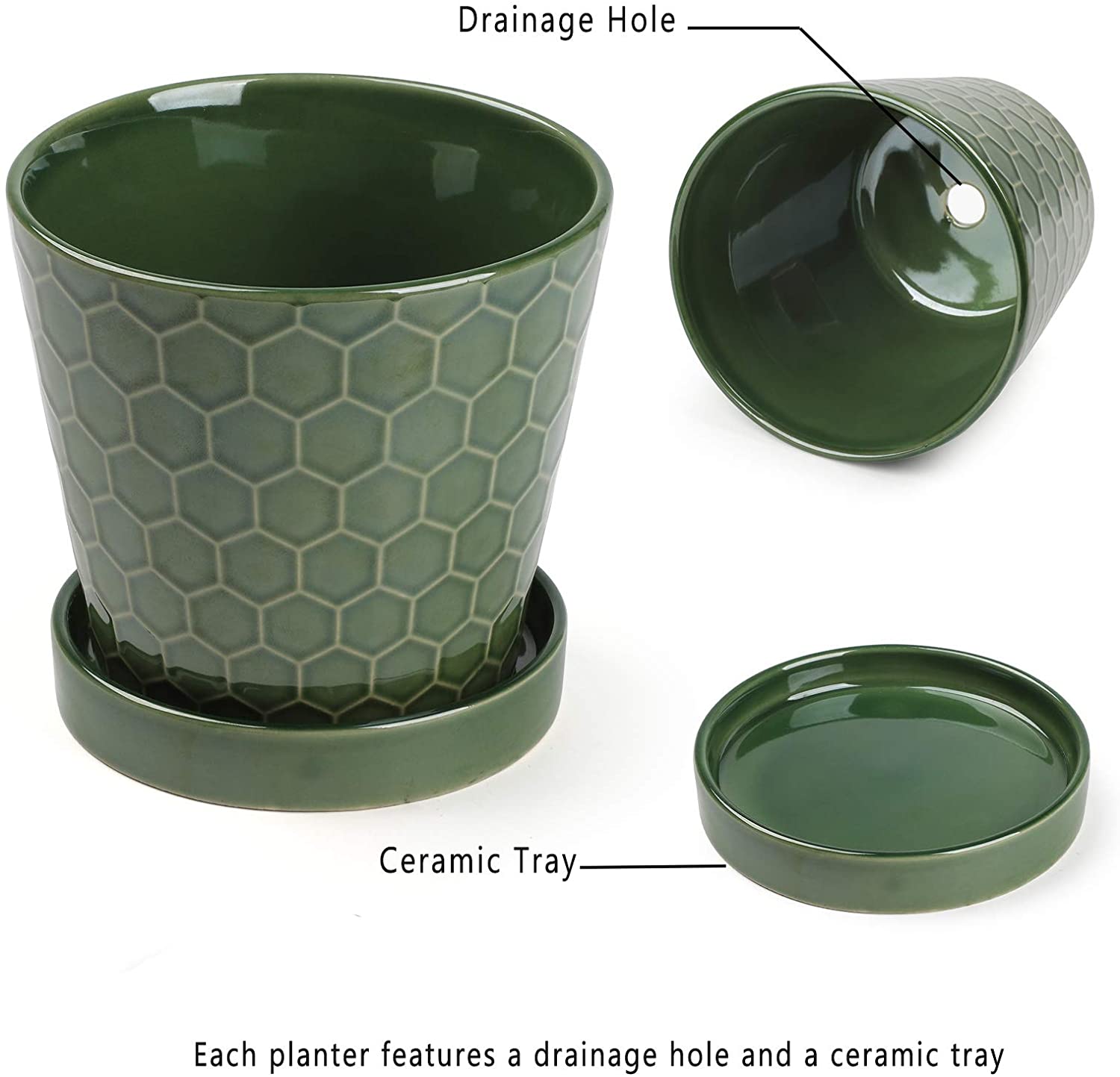 Succulent Planter –4”+5”+6” inch Ceramic Flower Pot with Drainage Holes and Ceramic Tray - Gardening Home Desktop Office Windowsill Decoration Gift Set 3 - Plants NOT Included (Patina)