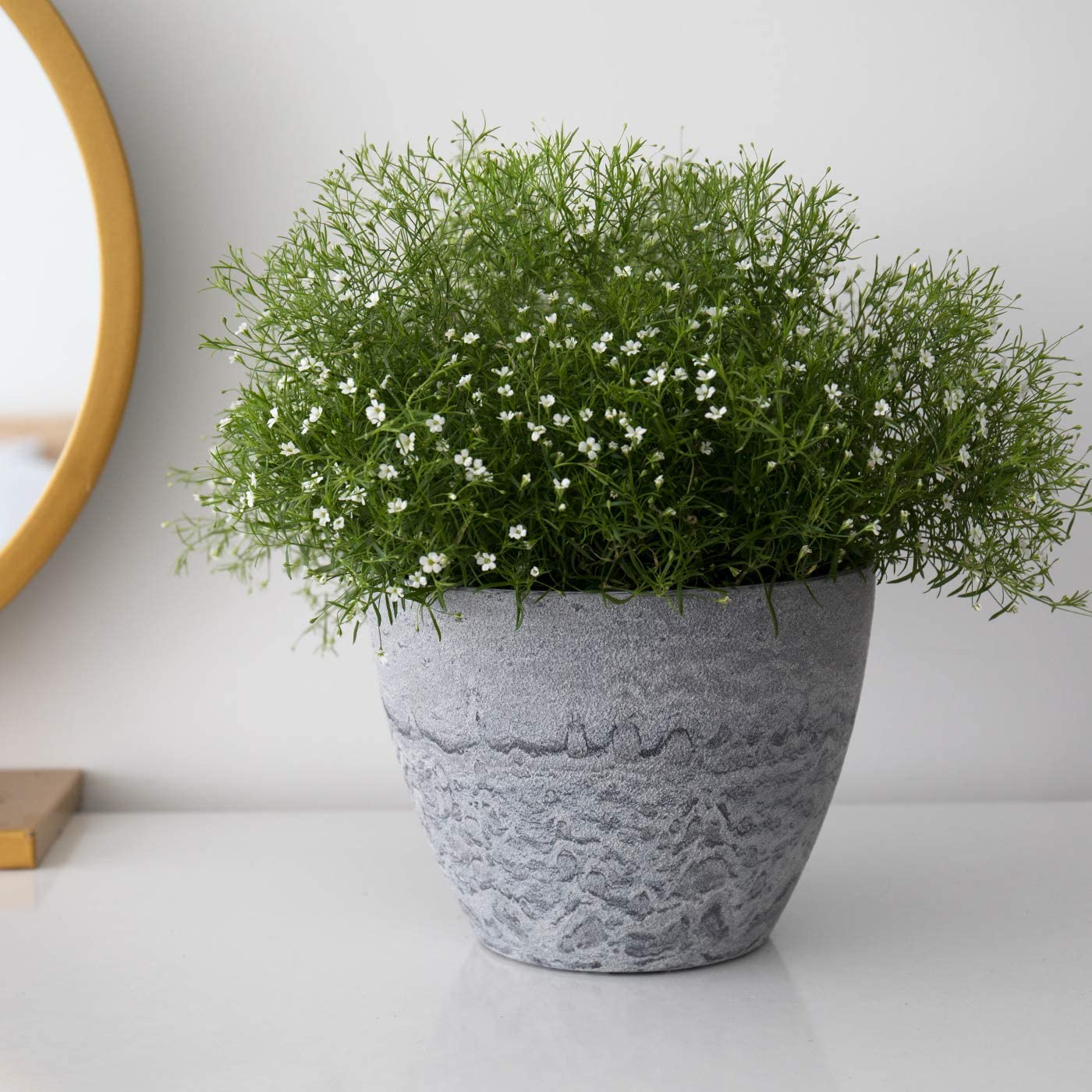 Flower Pots Outdoor Indoor Garden Planters, Plant Containers with Drain Hole, Gray, Marble Pattern (8.6 + 7.5 Inch)