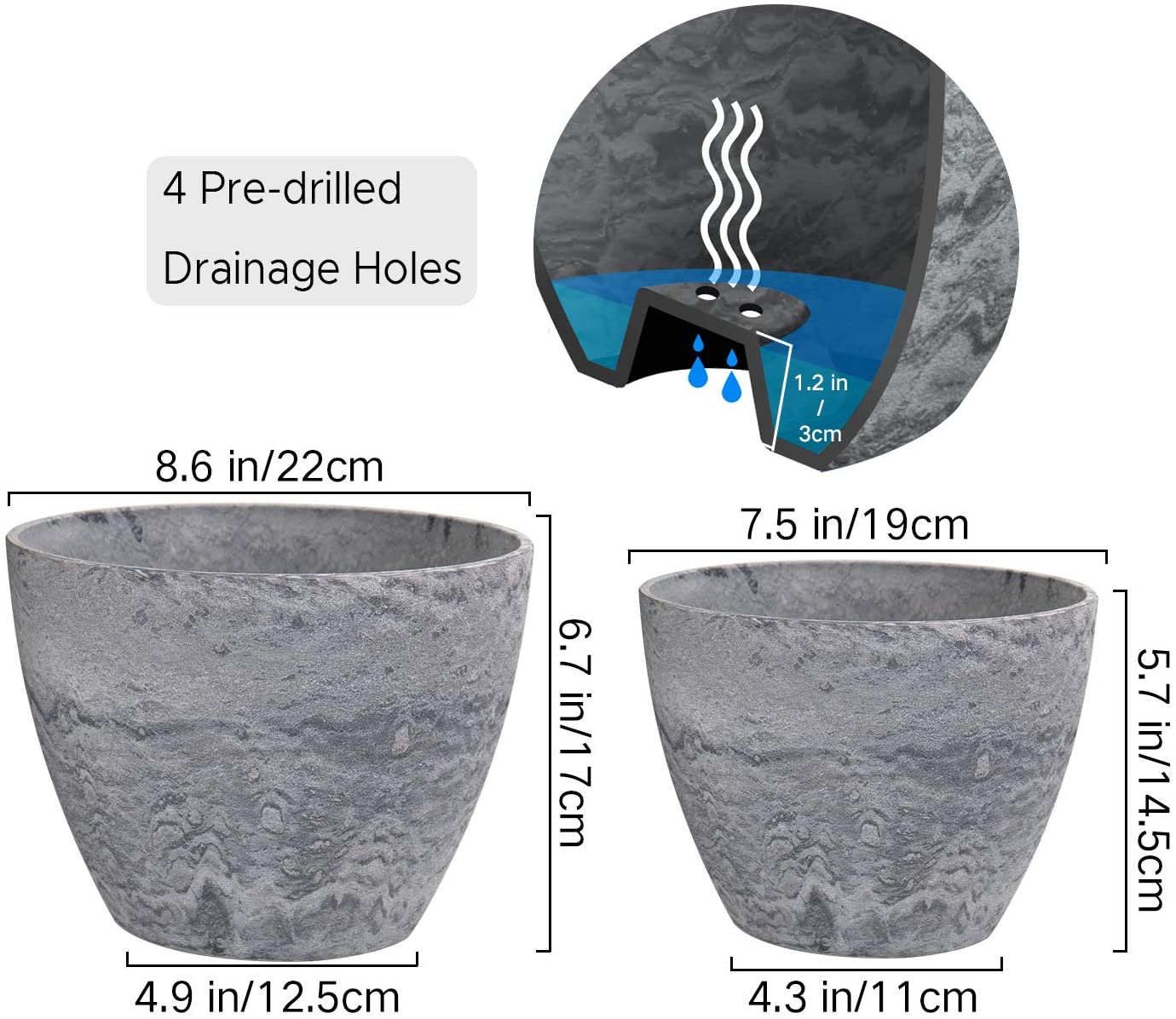 Flower Pots Outdoor Indoor Garden Planters, Plant Containers with Drain Hole, Gray, Marble Pattern (8.6 + 7.5 Inch)