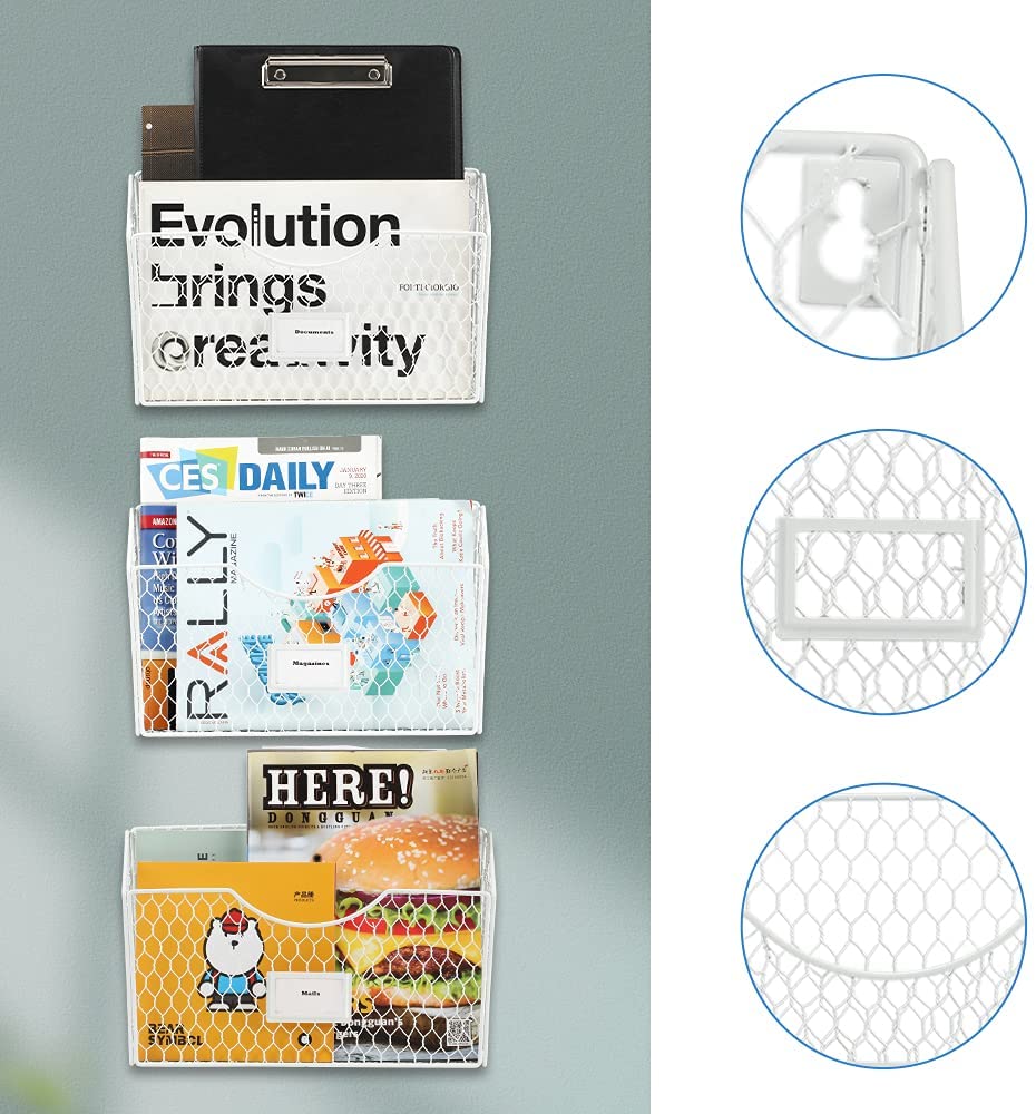 3 Pockets Hanging Wall File Organizer, File Folder and Mail Holder for Wall, Metal Chicken Wire Baskets with Tag Slot for Office and Home, White