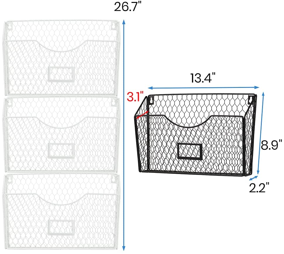 3 Pockets Hanging Wall File Organizer, File Folder and Mail Holder for Wall, Metal Chicken Wire Baskets with Tag Slot for Office and Home, White