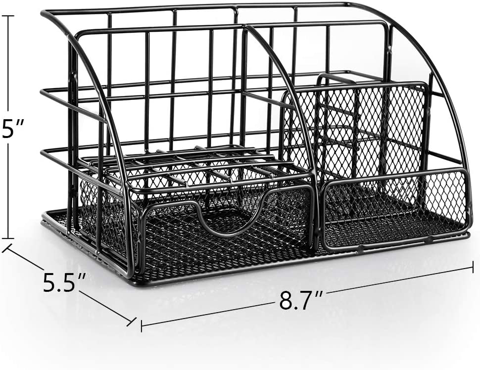 Desk Organizer, Mesh Office Supplies Desk Accessories, Features 5 Compartments + 1 Mini Sliding Drawer(Black)