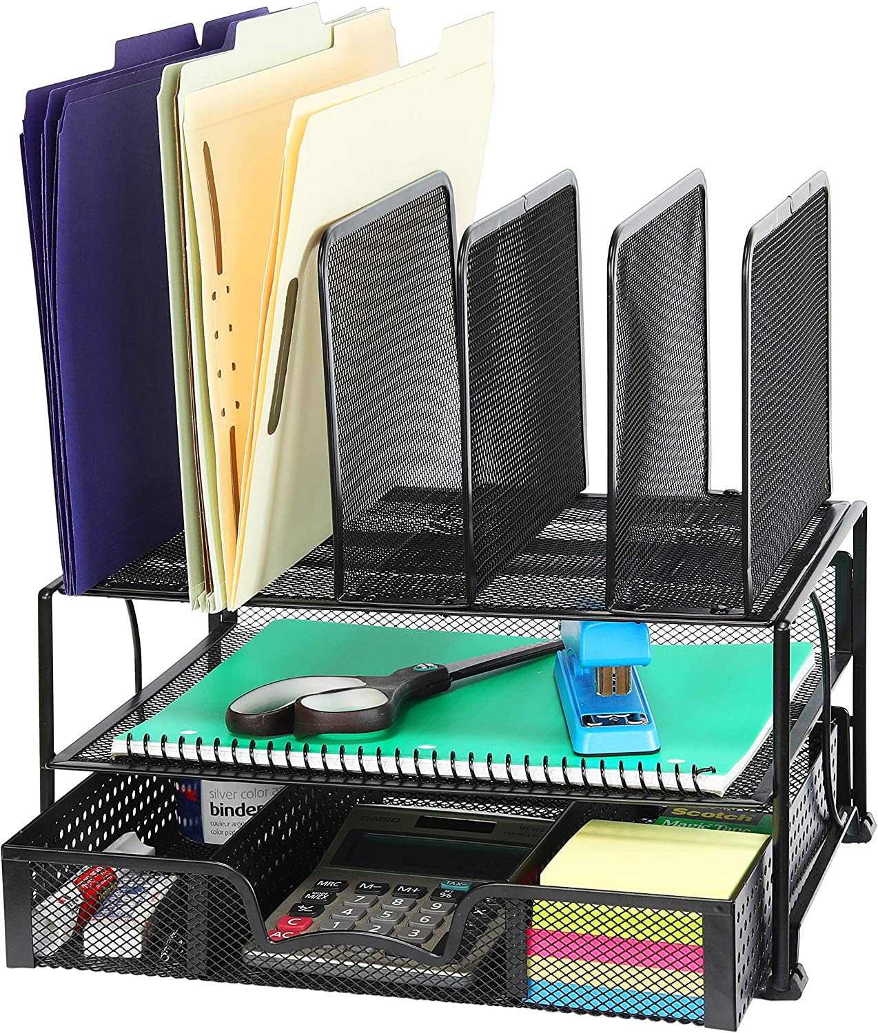 File Folder Racks & File Folder Holders Mesh Desk Organizer with Sliding Drawer, Double Tray and 5 Upright Sections, Black