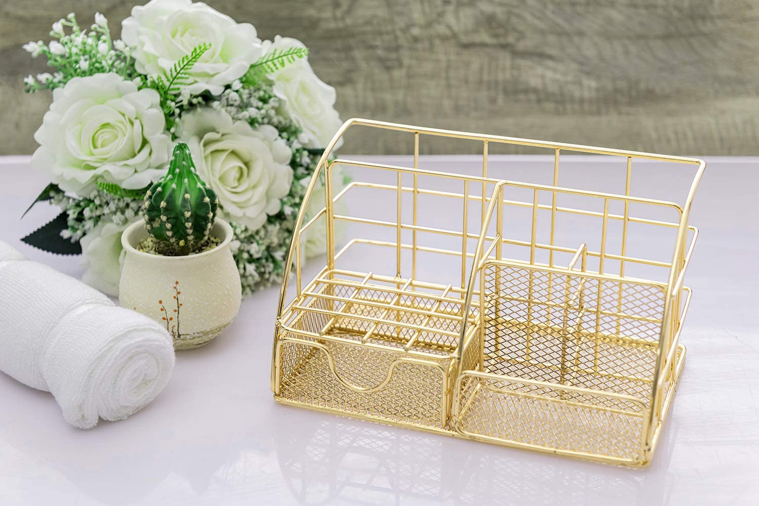 Gold Desk Organizer, AUPSEN Mesh Office Supplies Desk Accessories, Features 5 Compartments + 1 Mini Sliding Drawer