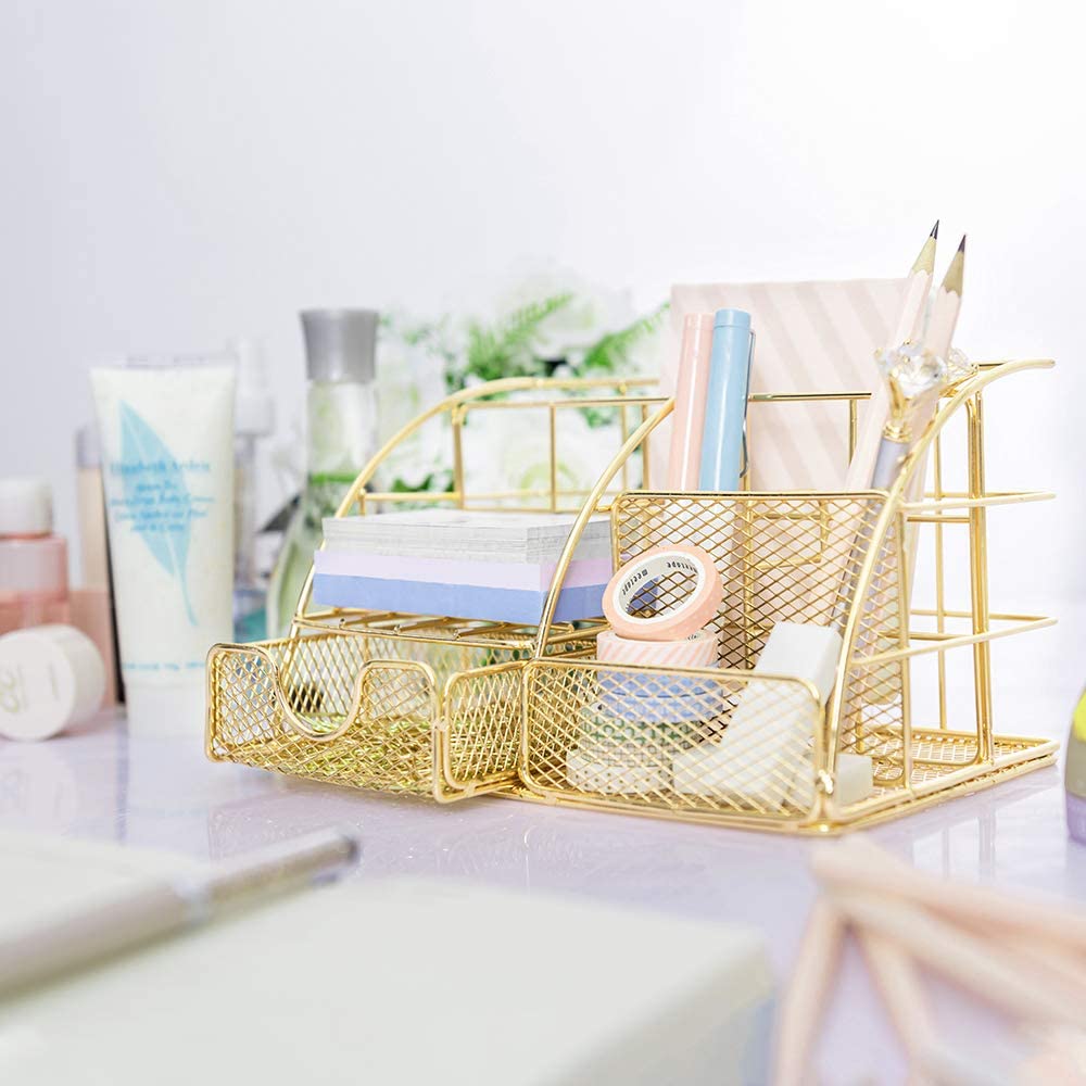 Gold Desk Organizer, AUPSEN Mesh Office Supplies Desk Accessories, Features 5 Compartments + 1 Mini Sliding Drawer
