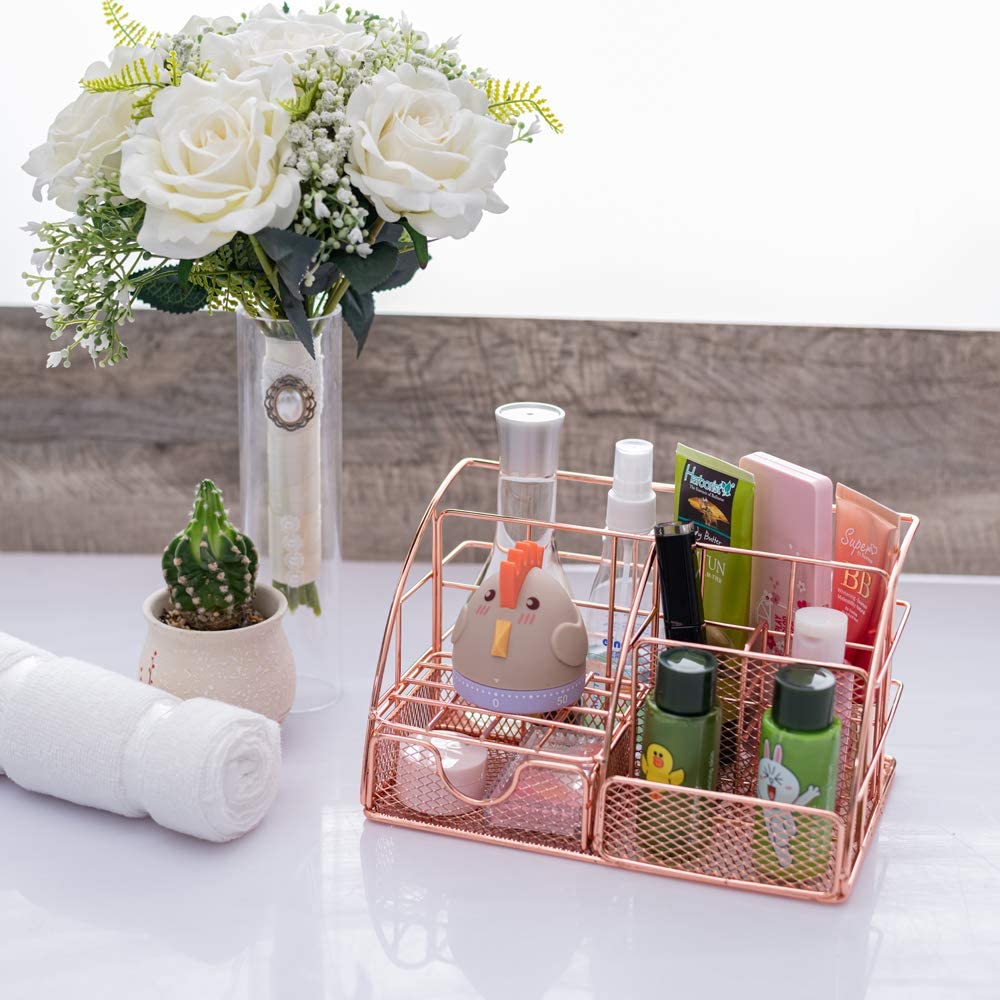 Rose Gold Desk Organizer for Women, AUPSEN Mesh Office Supplies Desk Accessories, Features 5 Compartments + 1 Mini Sliding Drawer