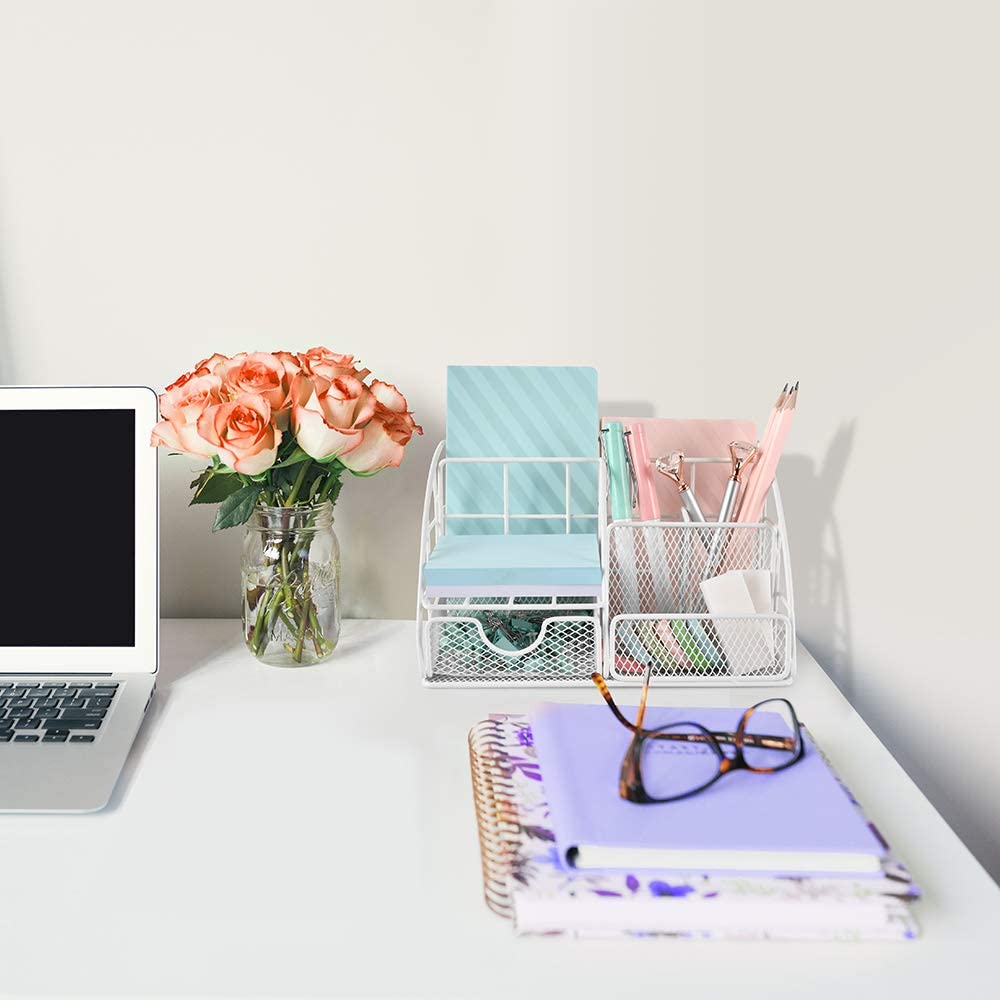 Desk Organizer, Mesh Office Supplies Desk Accessories, Features 5 Compartments + 1 Mini Sliding Drawer(White)