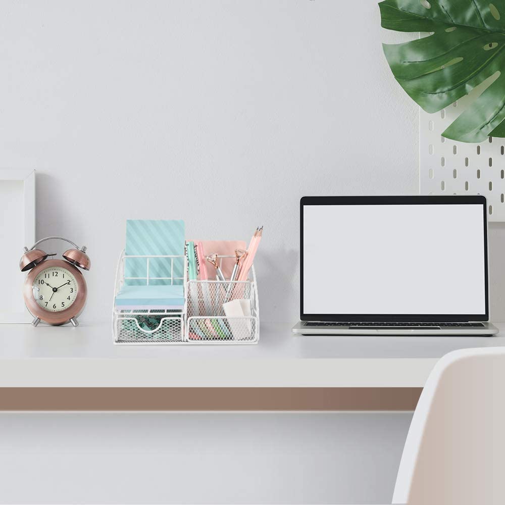 Desk Organizer, Mesh Office Supplies Desk Accessories, Features 5 Compartments + 1 Mini Sliding Drawer(White)