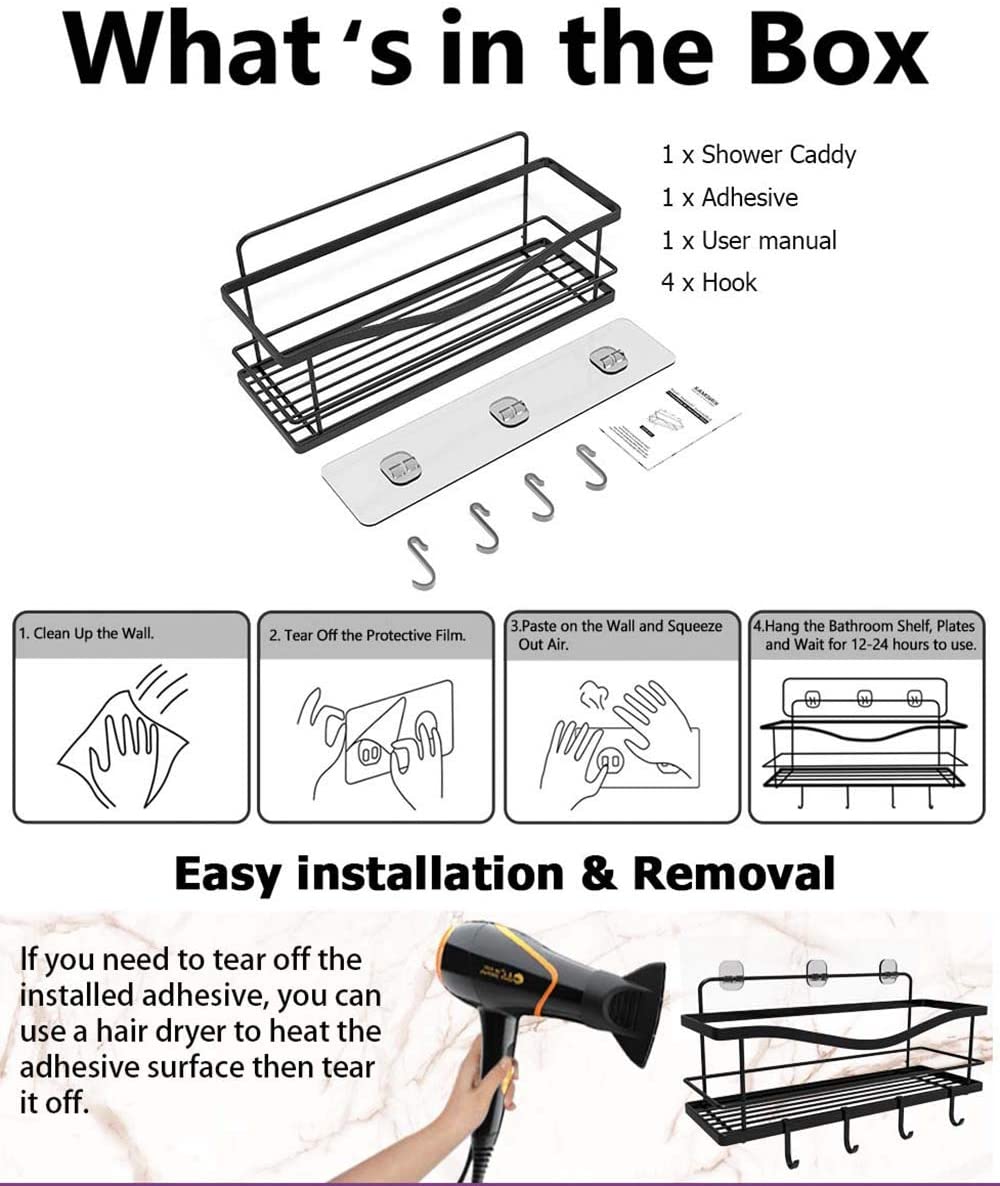 Shower Caddy Basket Shelf with Hooks, Caddy Organizer Wall Mounted Rustproof Basket with Adhesive, No Drilling, 304 Stainless Steel Black