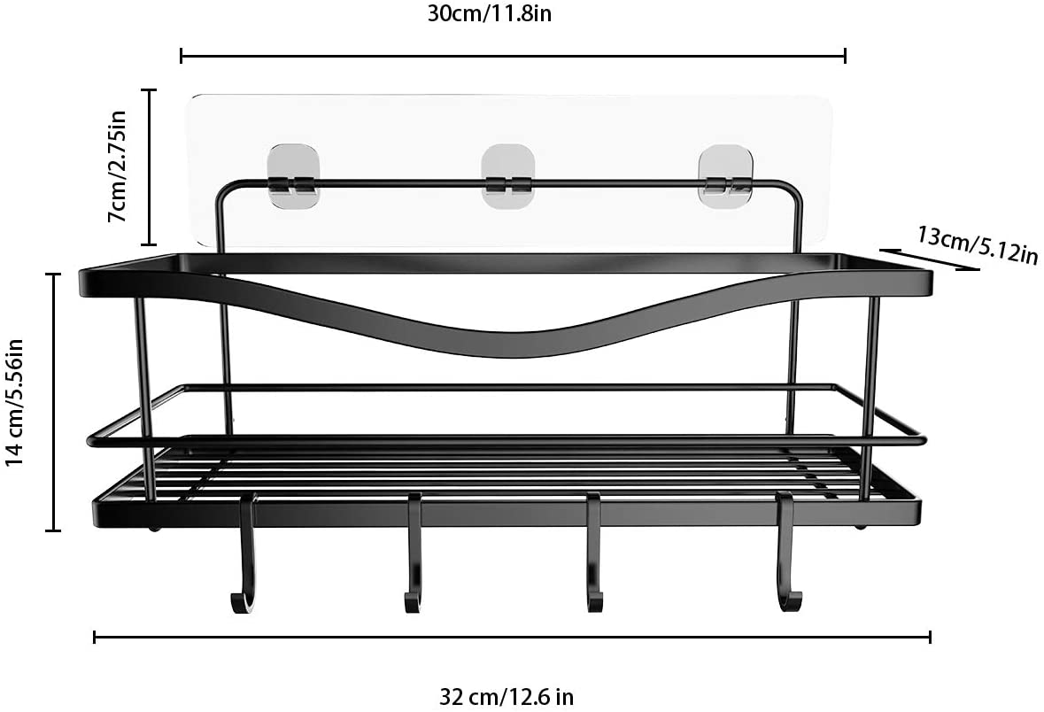 Shower Caddy Basket Shelf with Hooks, Caddy Organizer Wall Mounted Rustproof Basket with Adhesive, No Drilling, 304 Stainless Steel Black