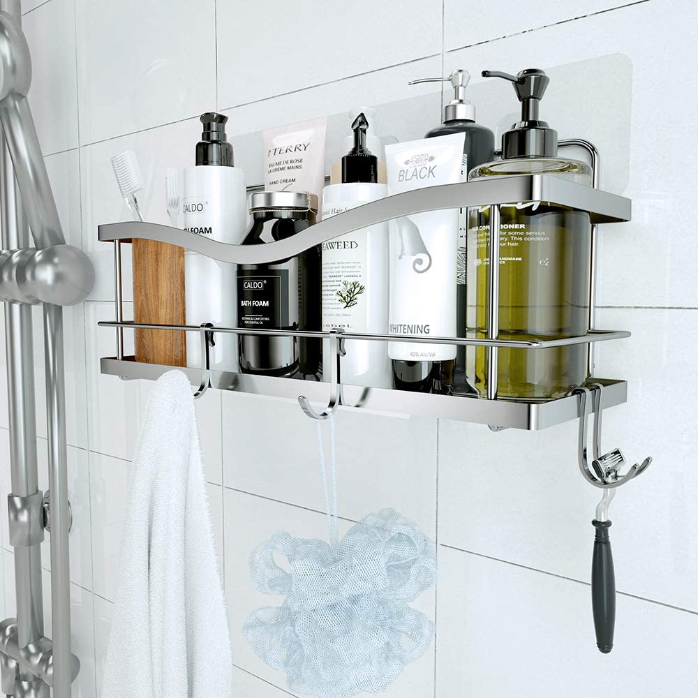 Shower Caddy Basket Shelf with Hooks for Hanging Sponge and Razor,Shampoo Holder Organizer,No Drilling Adhesive Wall Mounted Bathroom Shelf,Rustproof SUS304