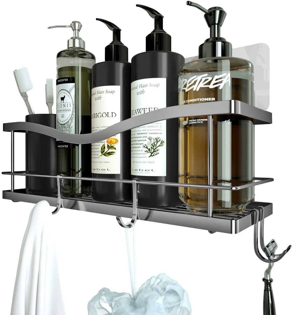 Shower Caddy Basket Shelf with Hooks for Hanging Sponge and Razor,Shampoo Holder Organizer,No Drilling Adhesive Wall Mounted Bathroom Shelf,Rustproof SUS304