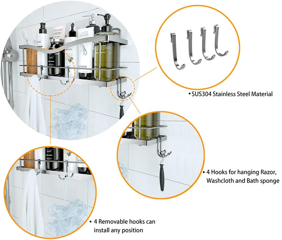Shower Caddy Basket Shelf with Hooks for Hanging Sponge and Razor,Shampoo Holder Organizer,No Drilling Adhesive Wall Mounted Bathroom Shelf,Rustproof SUS304