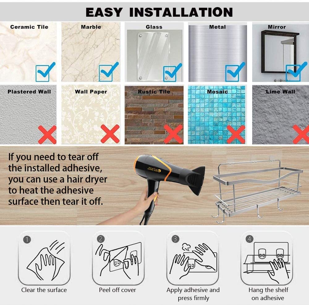 Shower Caddy Basket Shelf with Hooks for Hanging Sponge and Razor,Shampoo Holder Organizer,No Drilling Adhesive Wall Mounted Bathroom Shelf,Rustproof SUS304