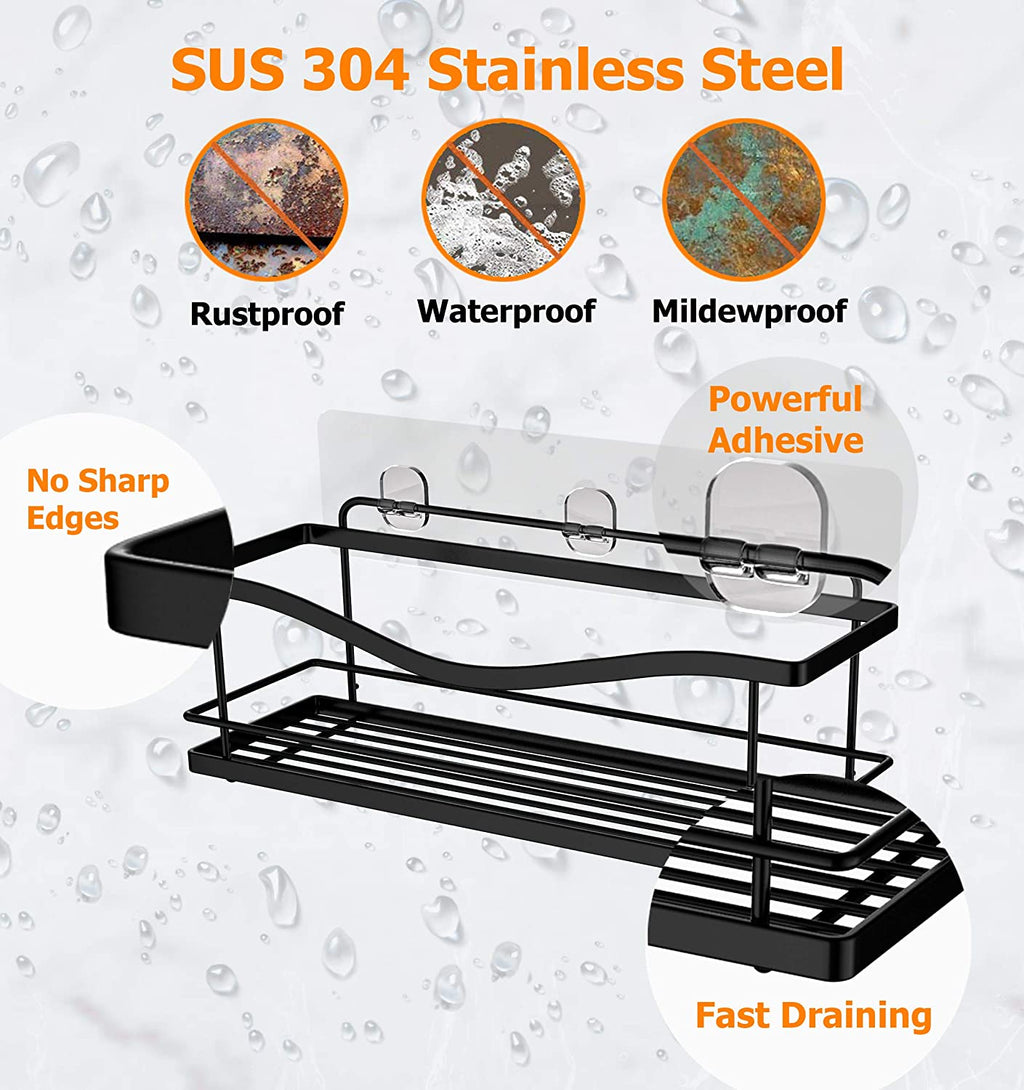 Shower Caddy Bathroom Shelf, No Drilling Traceless Adhesive Bathroom Storage Organizer, SUS304 Rustproof Food Storage Basket, 2-in-1 Kitchen Spice Racks-2 Pack (Matte Black)
