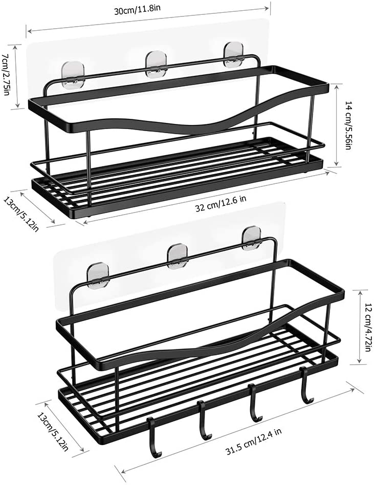 Shower Caddy Bathroom Shelf, No Drilling Traceless Adhesive Bathroom Storage Organizer, SUS304 Rustproof Food Storage Basket, 2-in-1 Kitchen Spice Racks-2 Pack (Matte Black)
