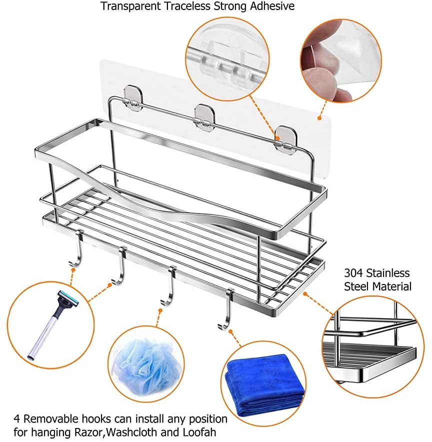 Shower Caddy Bathroom Shelf, No Drilling Traceless Adhesive Bathroom Storage Organizer, SUS304 Rustproof Food Storage Basket, 2-in-1 Kitchen Spice Racks-2 Pack (Polished Silver)
