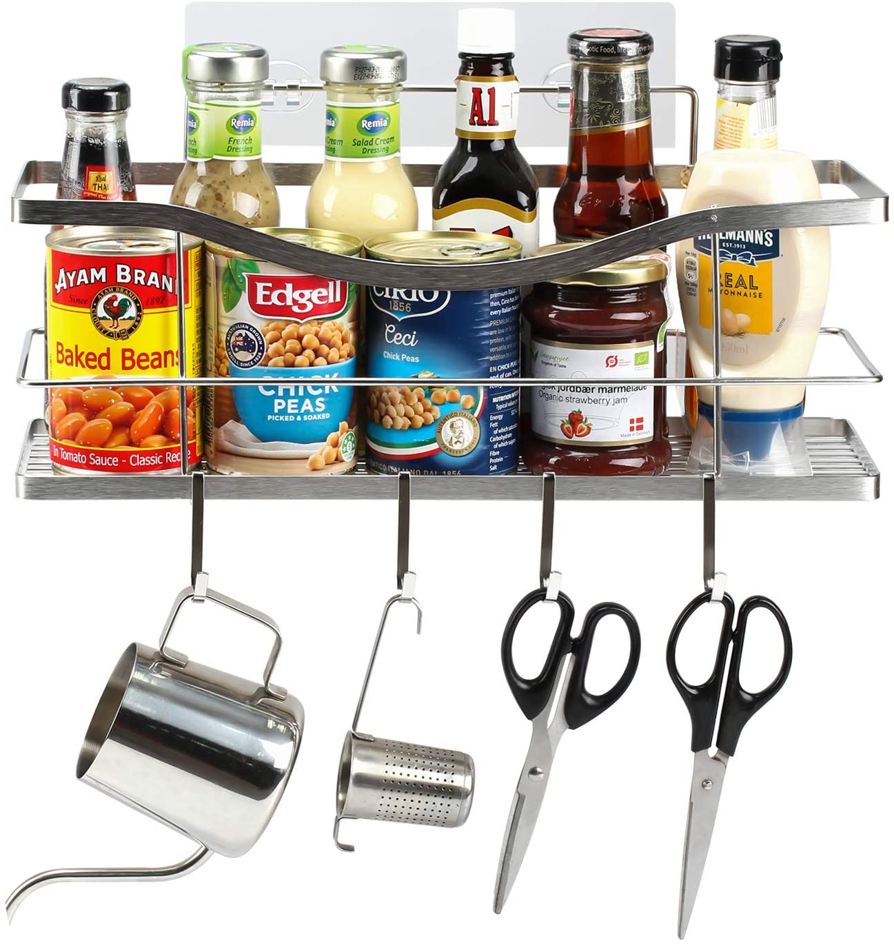 Adhesive Shower Caddy Shelf Shower Organizer Basket Wall with 4 Hooks for Razor Shampoo Holder Hanging Bathroom Shower Storage Rack-Silver-SUS 304 Rustproof