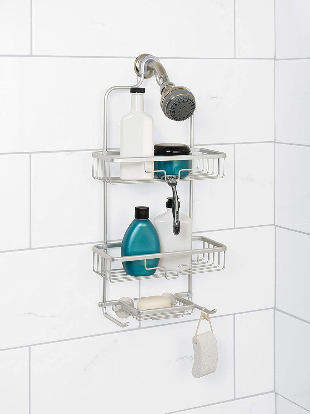 Shower Caddy Basket Shelf with Hooks,Home NeverRust Rustproof Aluminum Shower Caddy, Satin Chrome