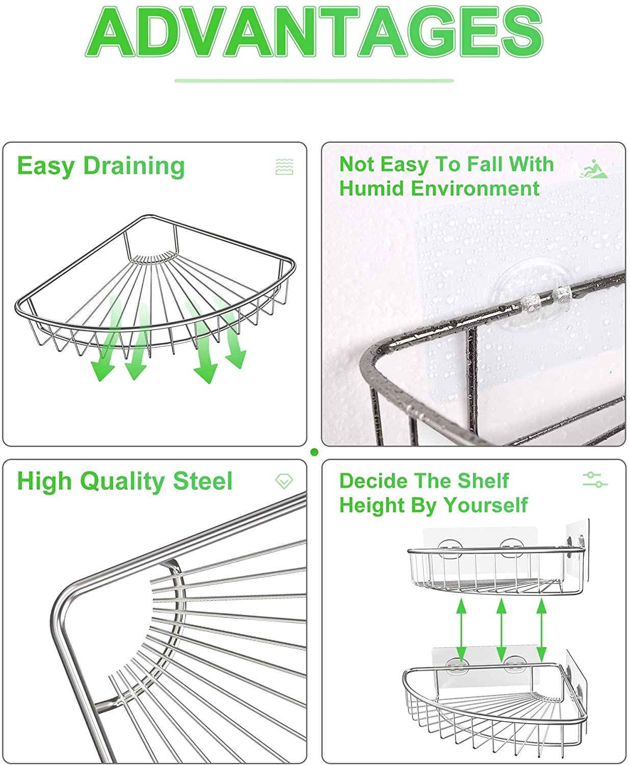 2-Pack Corner Shower Caddy, SUS304 Stainless Steel, Wall Mounted Bathroom Shelf with Adhesive, Storage Organizer for Toilet, Dorm and Kitchen (Silver)