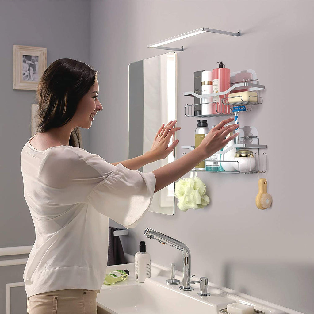 Shower Caddy Shower Storage Rack with 11 Hooks for Hanging Shower Ball and Razor, Shampoo Holder Organizer No Drilling Shower Shelf with 4 Traceless Adhesive Hooks