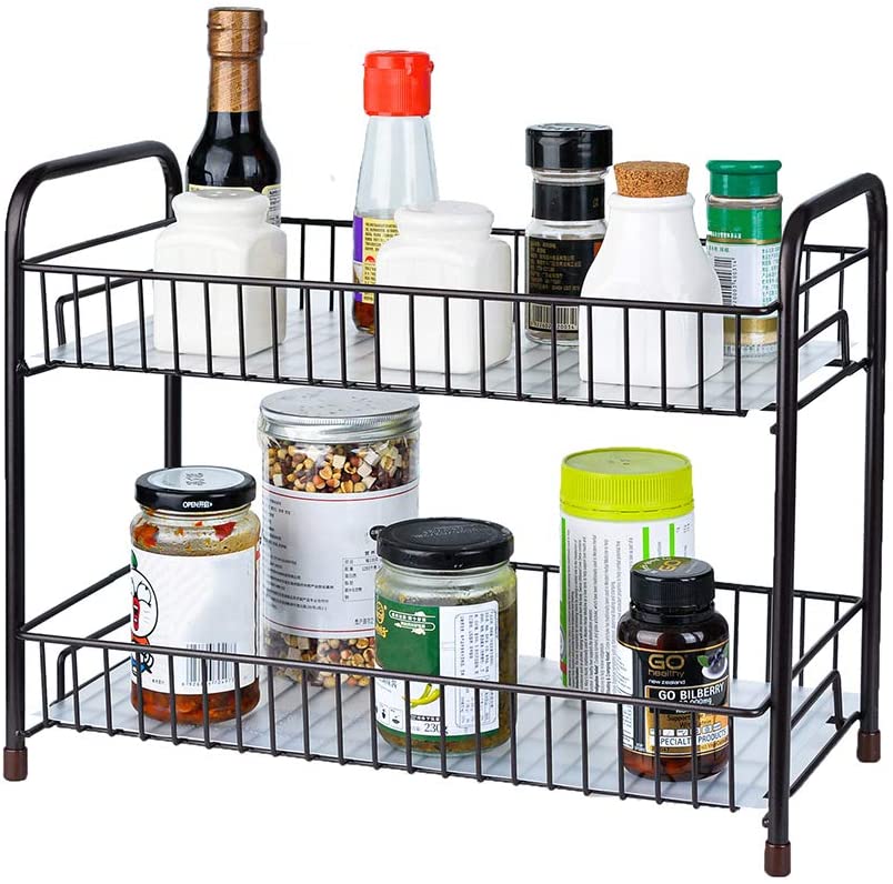 Spice Rack Organizer for Countertop 2 Tier Counter Shelf Standing Holder Storage for Kitchen Cabinet-Bronze