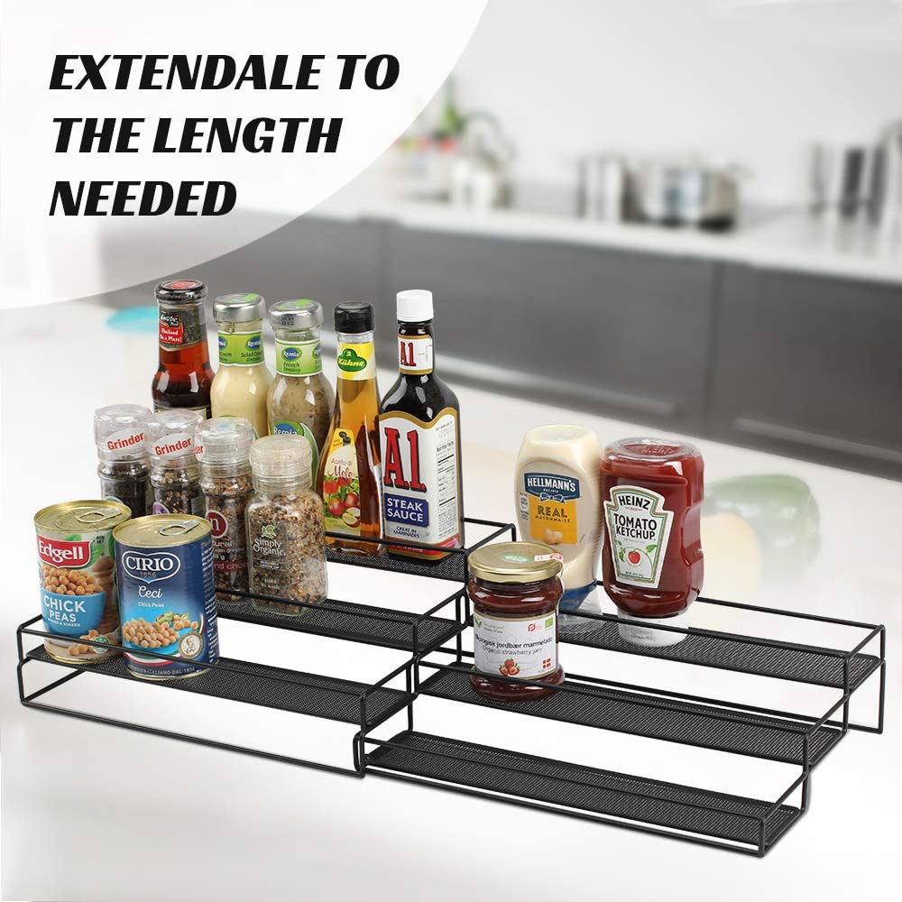 Organizer Spice Racks 3 Tier Expandable Spice Rack Organizer for Cabinet Kitchen Shelf Organizers Step Holder Riser for Pantry Bathroom-Black